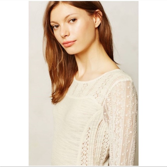 Anthropologie Knitted Knotted Surrey Pullover Top Ivory Lace Size M Casual Cozy - Picture 3 of 10